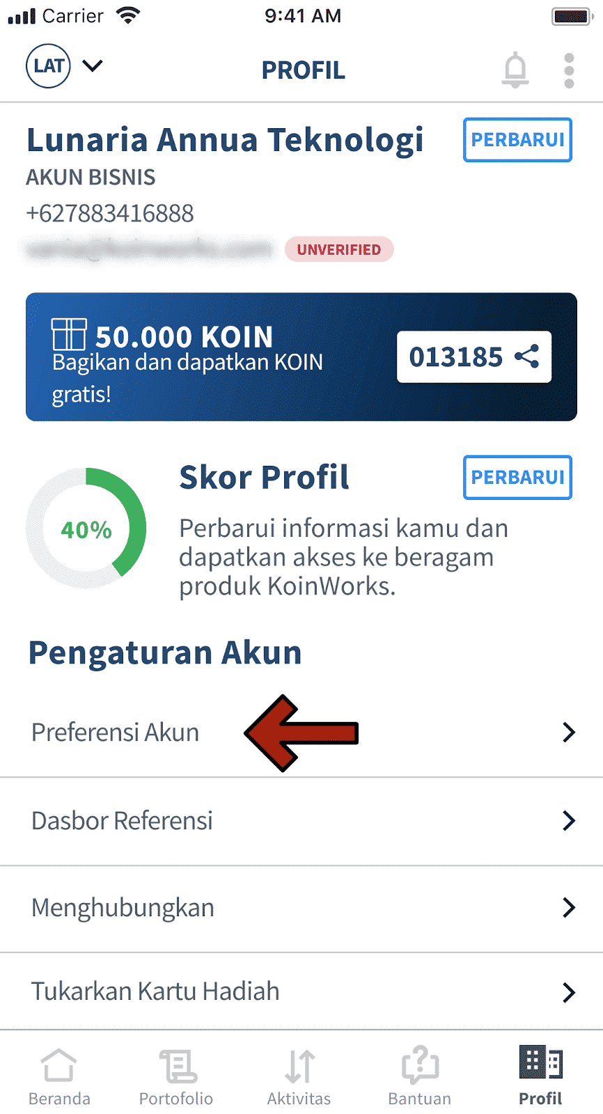 pilih preferensi akun