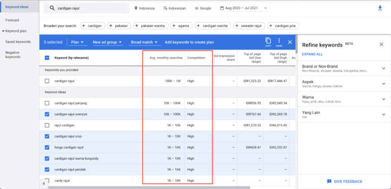 tampilan keyword planner di google ads