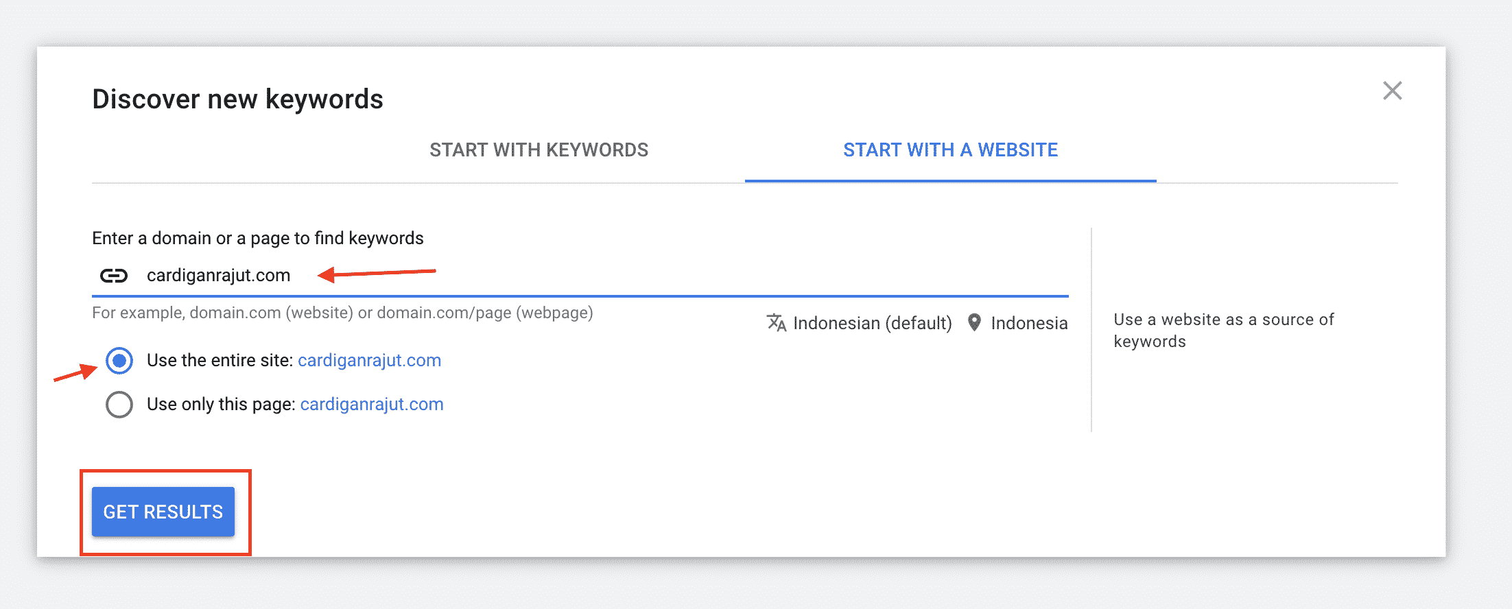 tampilan keyword planner menggunakan webiste