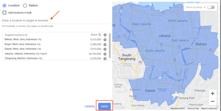 tampilan mencari target lokasi di google ads