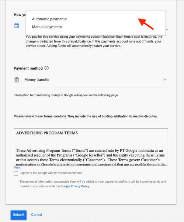 pilihan pembayaran google ads manual atau otomatis