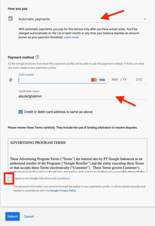 pembayaran google ads dengan automatic payment memasukan informasi kartu kredit