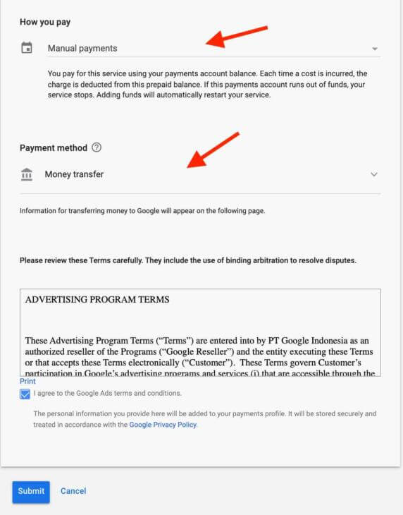 pembayaran google ads secara manual dengan transfer uang ke rekening google